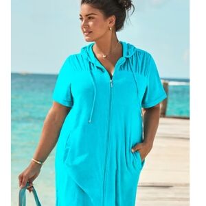 Swimsuits For All Alana Teal Hooded Terry Coverup with Front Zip Size 10/12